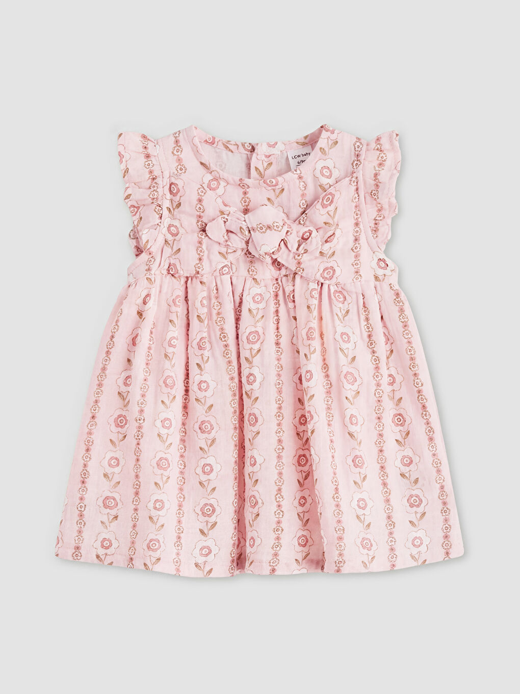 Pembe Çiçek Desenli Fırfırlı Kız Bebek Müslin Elbise
