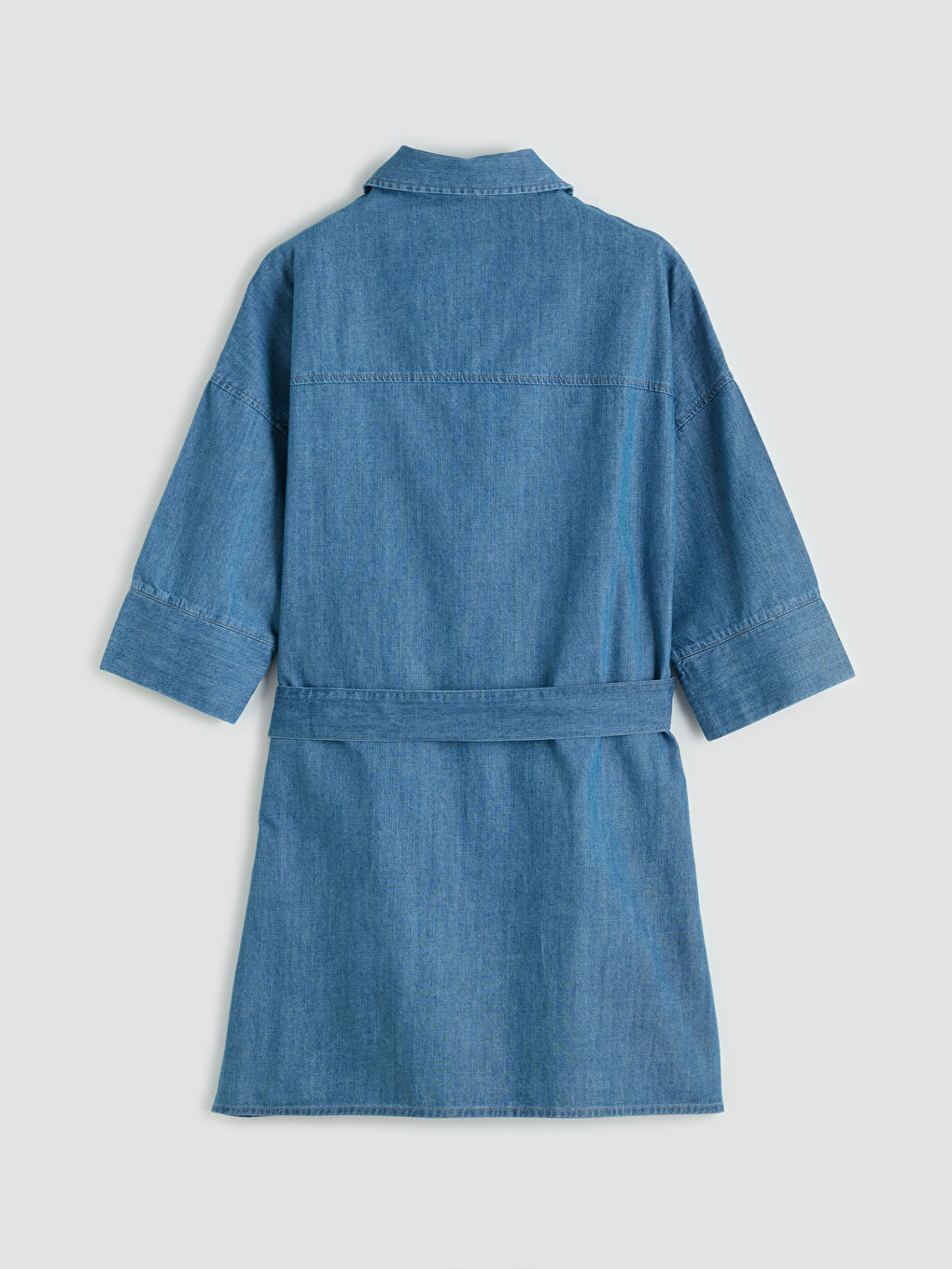 İndigo Kuşaklı Jean Gömlek Elbise-1