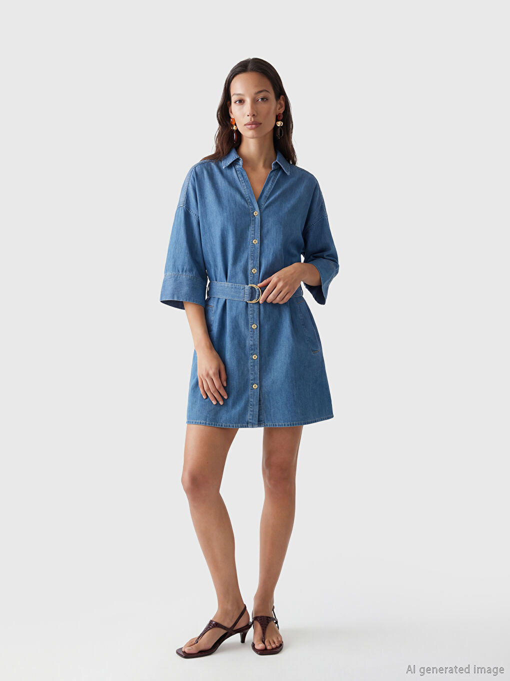 İndigo Gömlek Yaka Mini Jean Elbise-1