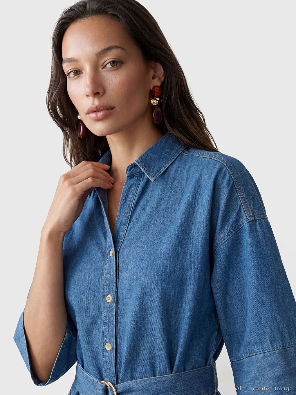 İndigo Gömlek Yaka Mini Jean Elbise-2