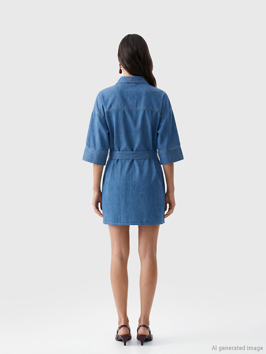 İndigo Gömlek Yaka Mini Jean Elbise-3