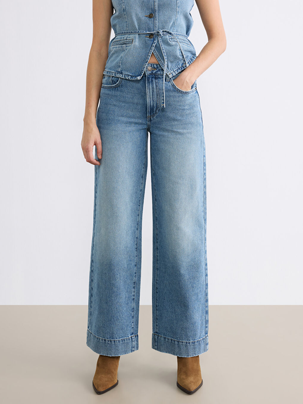 Джинсы с высокой талией и широкими штанинами для женщин-1