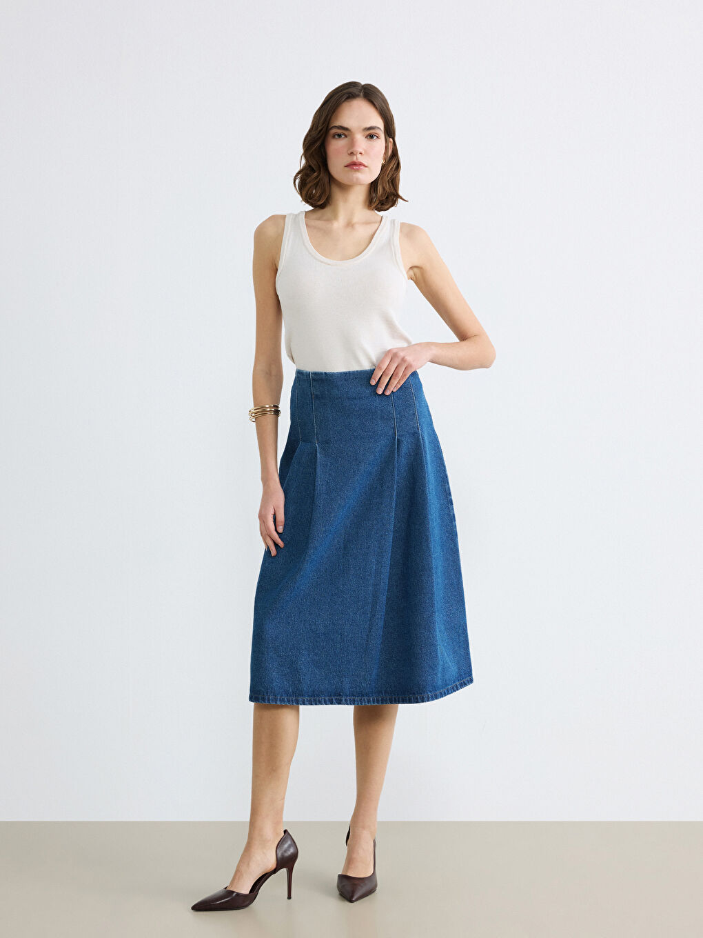 High Waisted Flared Denim Skirt with Zipper