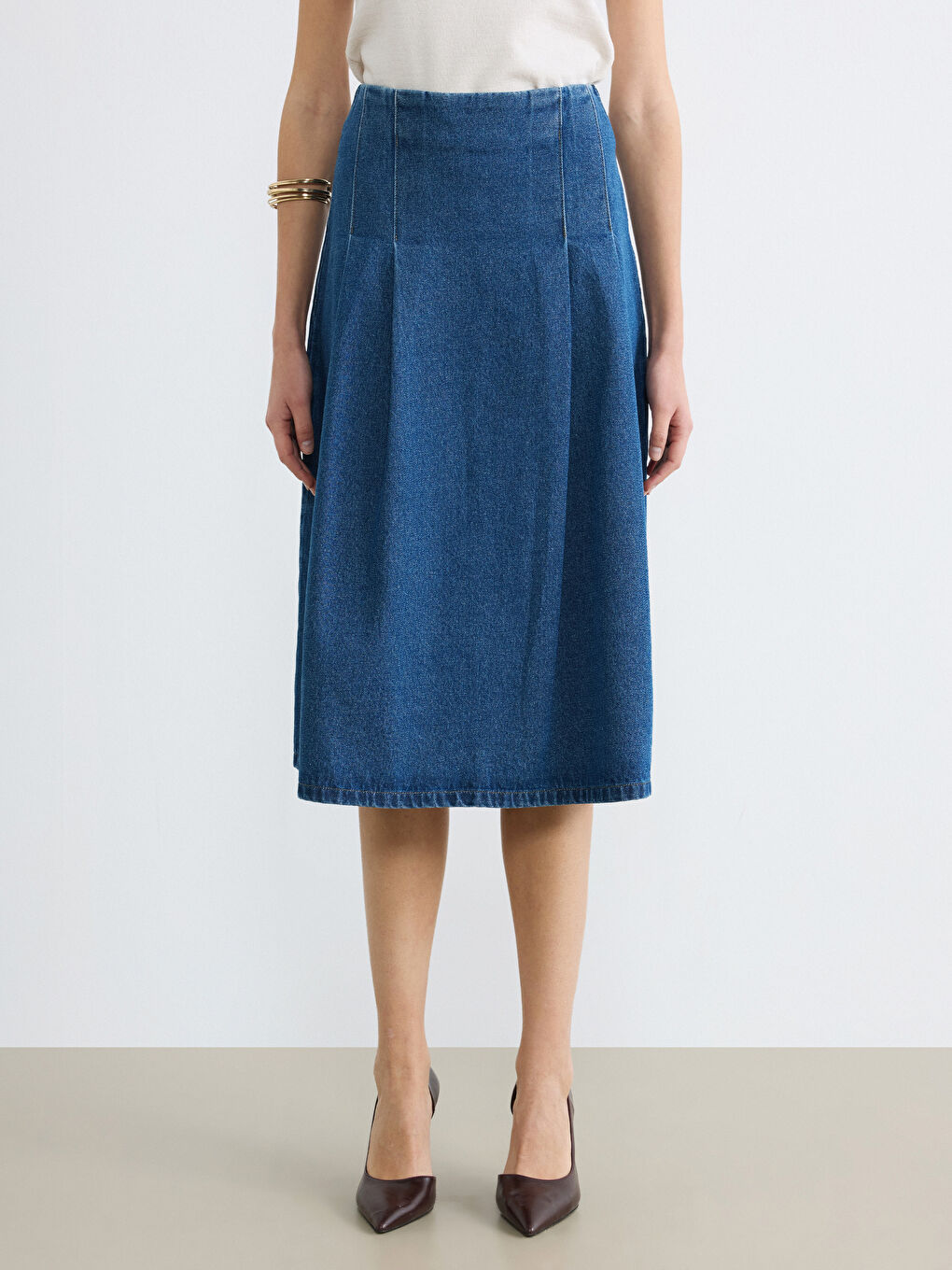 High Waisted Flared Denim Skirt with Zipper-1