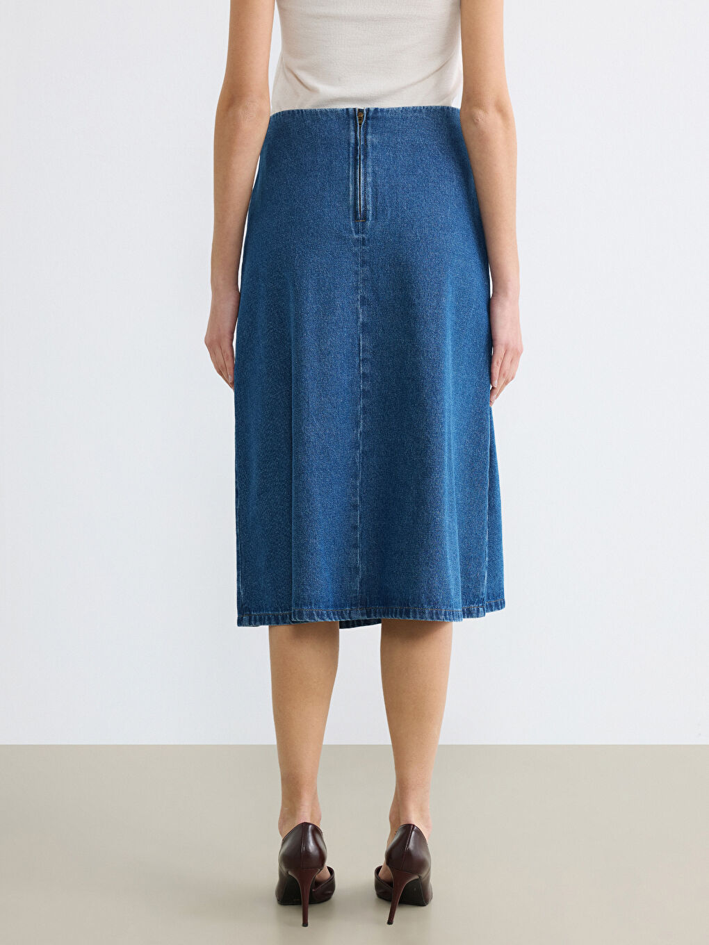 High Waisted Flared Denim Skirt with Zipper-3