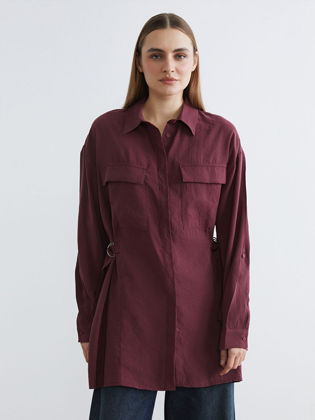 Bordo Modal Karışımlı Büzgülü Kadın Gömlek Tunik