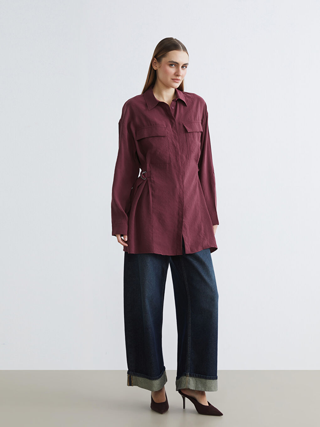Bordo Modal Karışımlı Büzgülü Kadın Gömlek Tunik-1