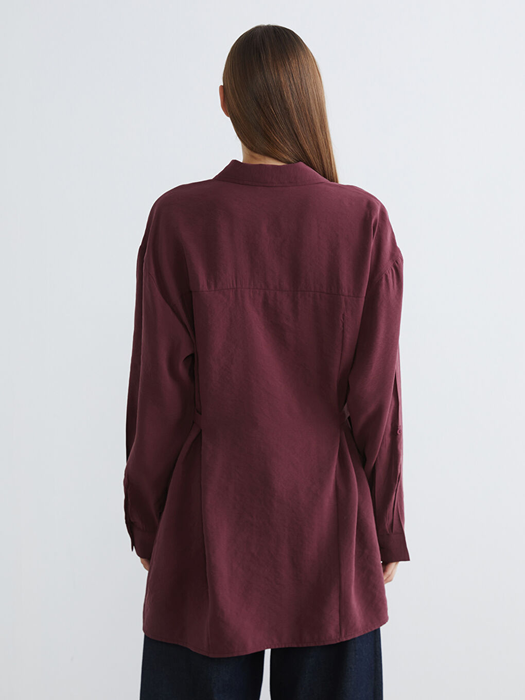 Bordo Modal Karışımlı Büzgülü Kadın Gömlek Tunik-3