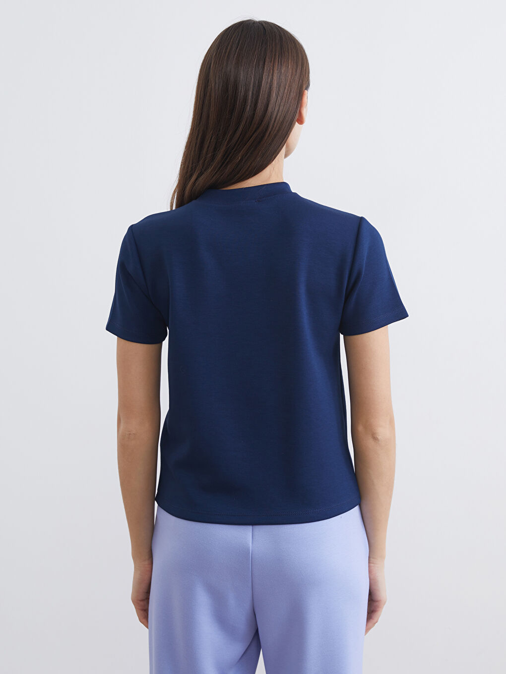 Lacivert Dik Yaka Soft Touch Kadın Tişört-3