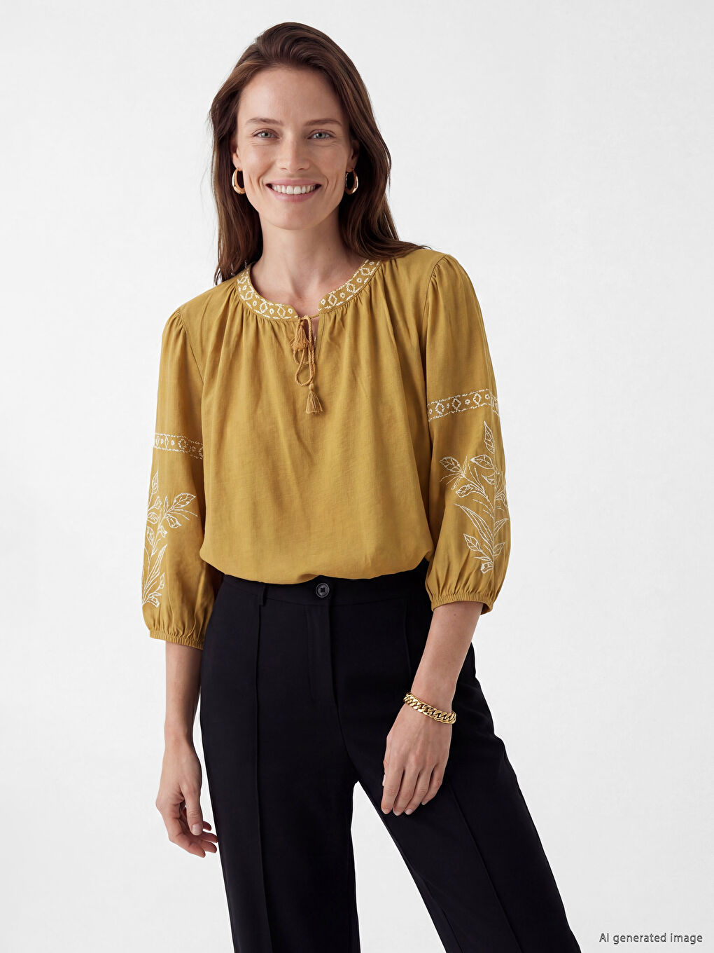 Blouse Brodée à Col Lavallière