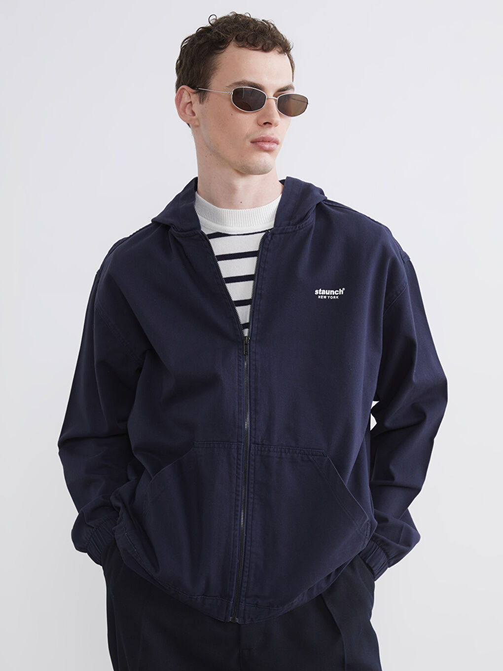 Lacivert Loose Fit Kapüşonlu NYC Baskılı Erkek Jean Ceket