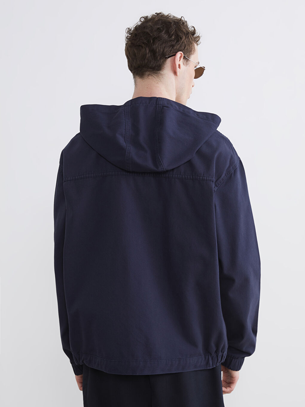 Lacivert Loose Fit Kapüşonlu NYC Baskılı Erkek Jean Ceket-3