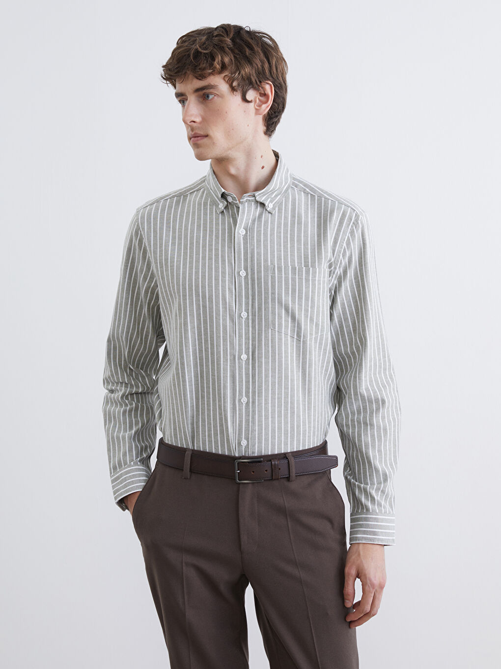 Haki Regular Fit Çizgili Oxford Erkek Gömlek