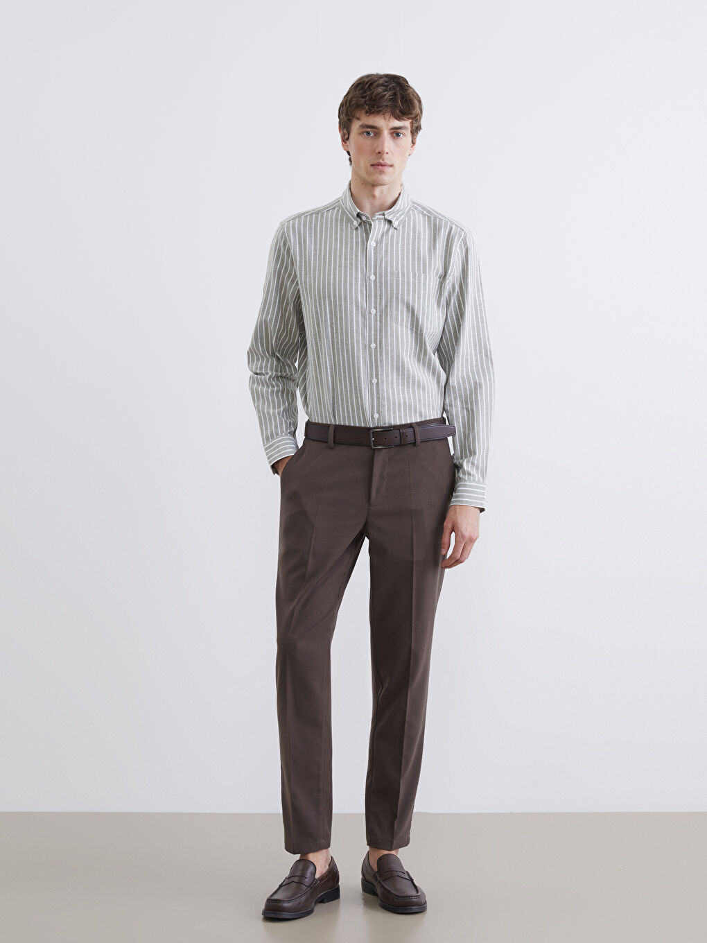 Haki Regular Fit Çizgili Oxford Erkek Gömlek-1