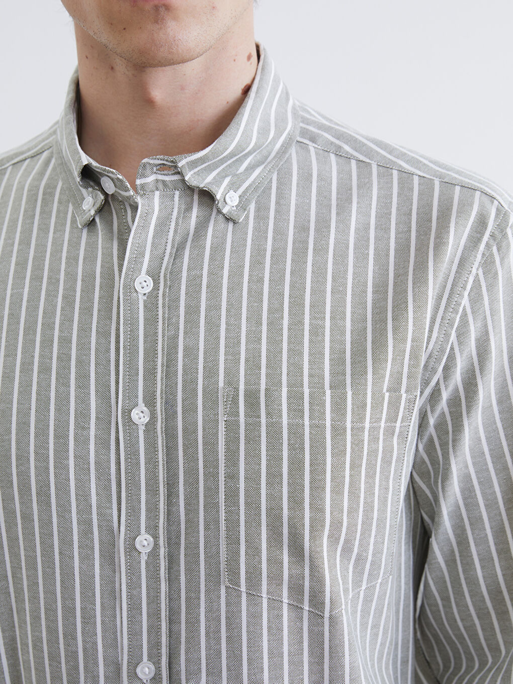 Haki Regular Fit Çizgili Oxford Erkek Gömlek-2