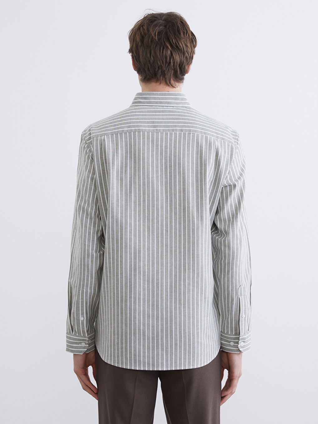 Haki Regular Fit Çizgili Oxford Erkek Gömlek-3