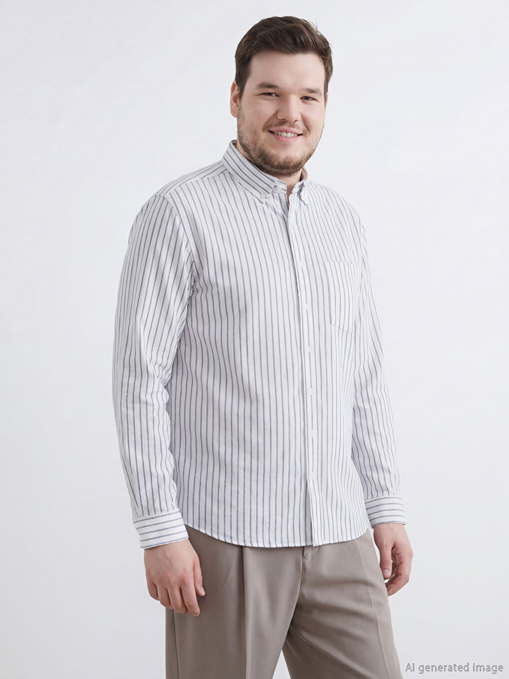 Ekru Regular Fit Çizgili Oxford Erkek Gömlek-1