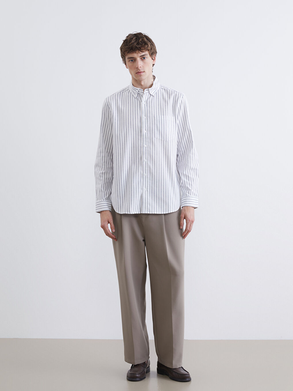 Ekru Regular Fit Çizgili Oxford Erkek Gömlek-1