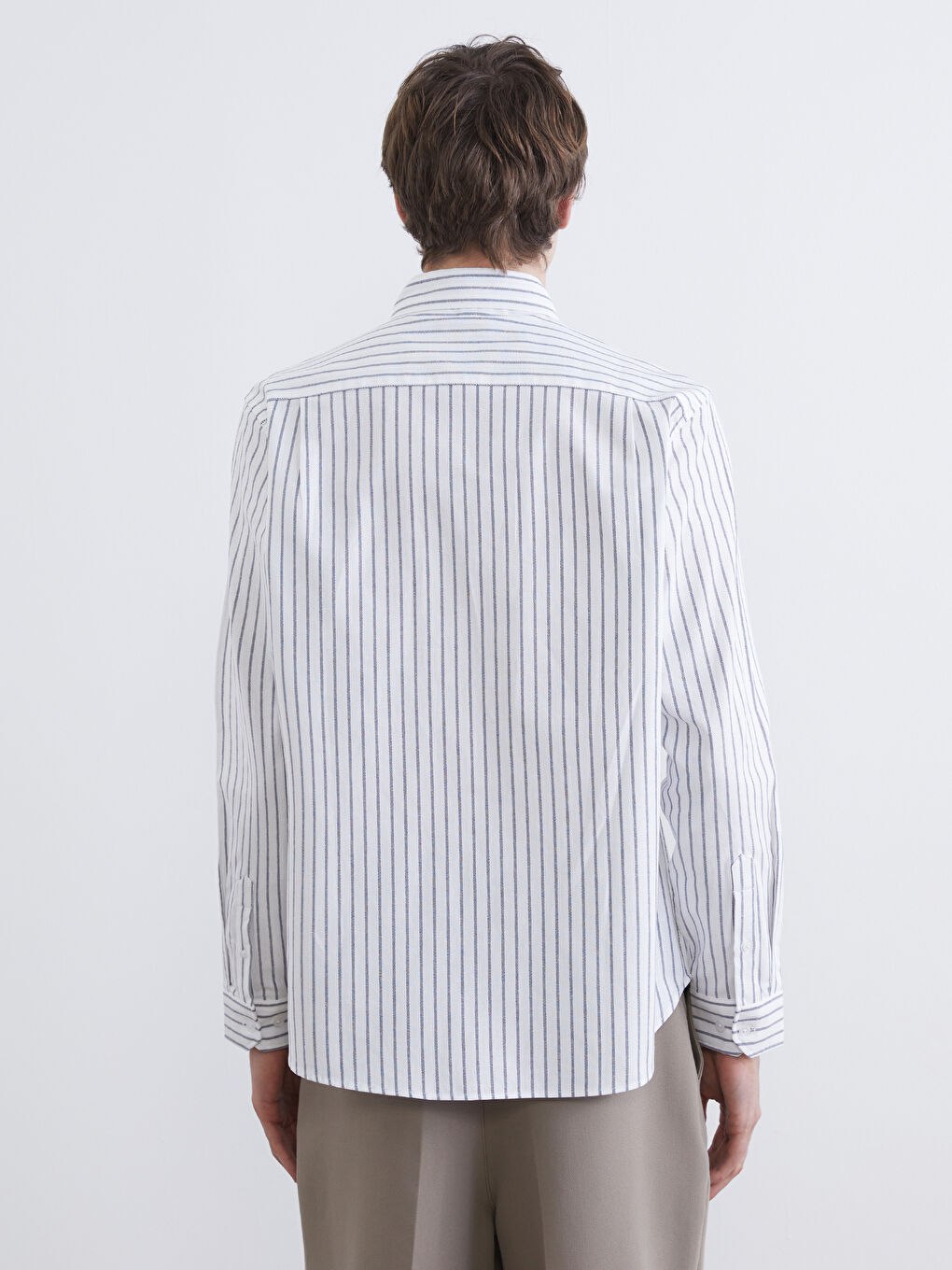 Ekru Regular Fit Çizgili Oxford Erkek Gömlek-3