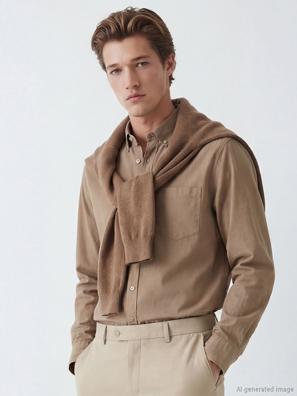 Bej Regular Fit Gabardin Erkek Gömlek-5