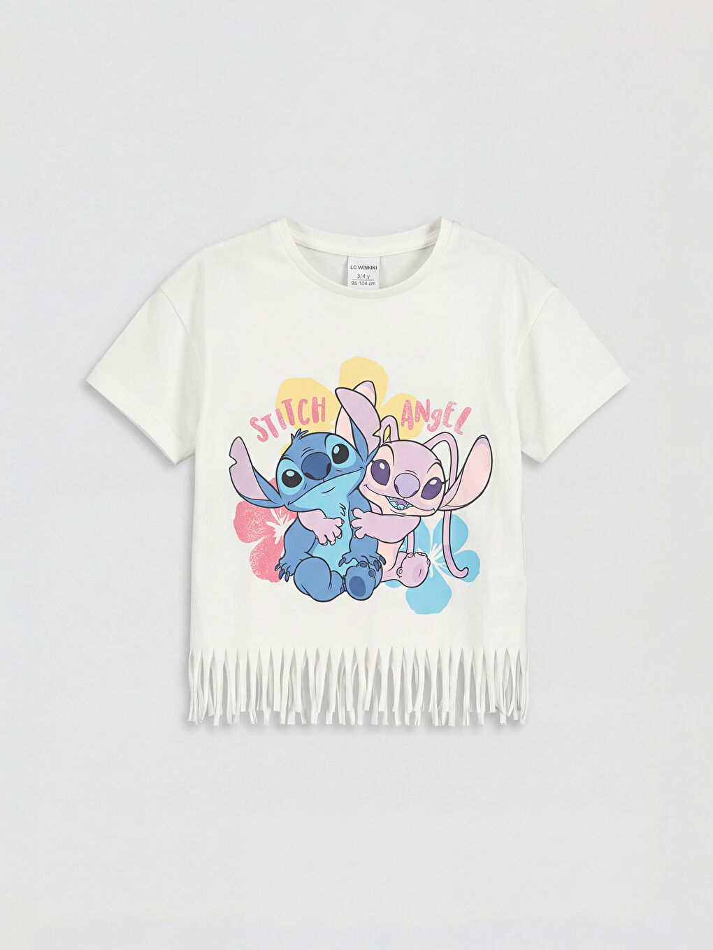 Ekru Lilo & Stitch Baskılı Püsküllü Kız Çocuk Tişört