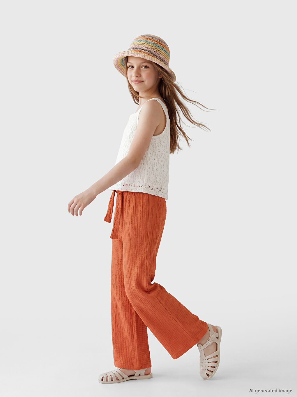Wide Leg Girls' Textured Trousers-1