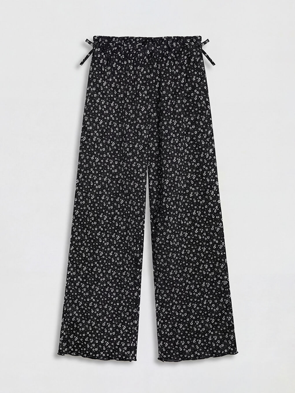Siyah Çiçek Baskılı Geniş Paça Kız Çocuk Pantolon-1