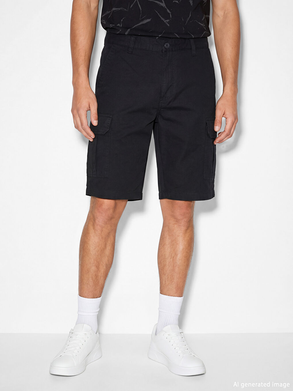 Siyah Regular Fit Gabardin Kargo Erkek Şort-1