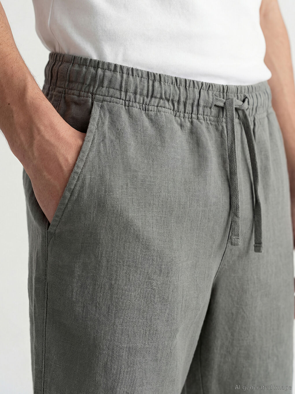 Haki Standart Kalıp Keten Görünümlü Erkek Şort-2