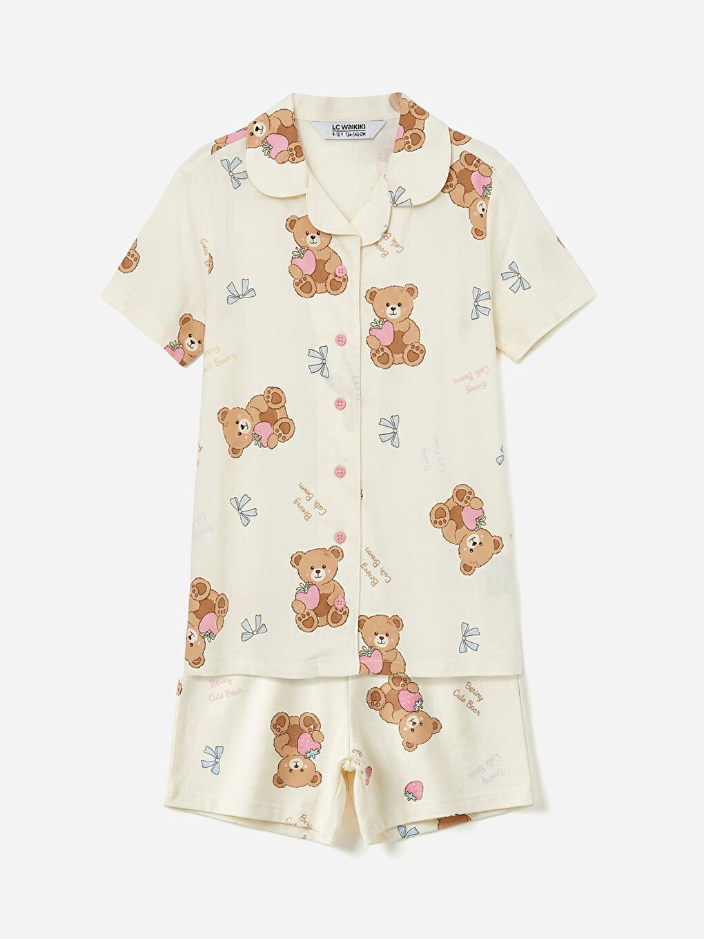 Ekru Gömlek Yaka Baskılı Kız Çocuk Şortlu Pijama Takım