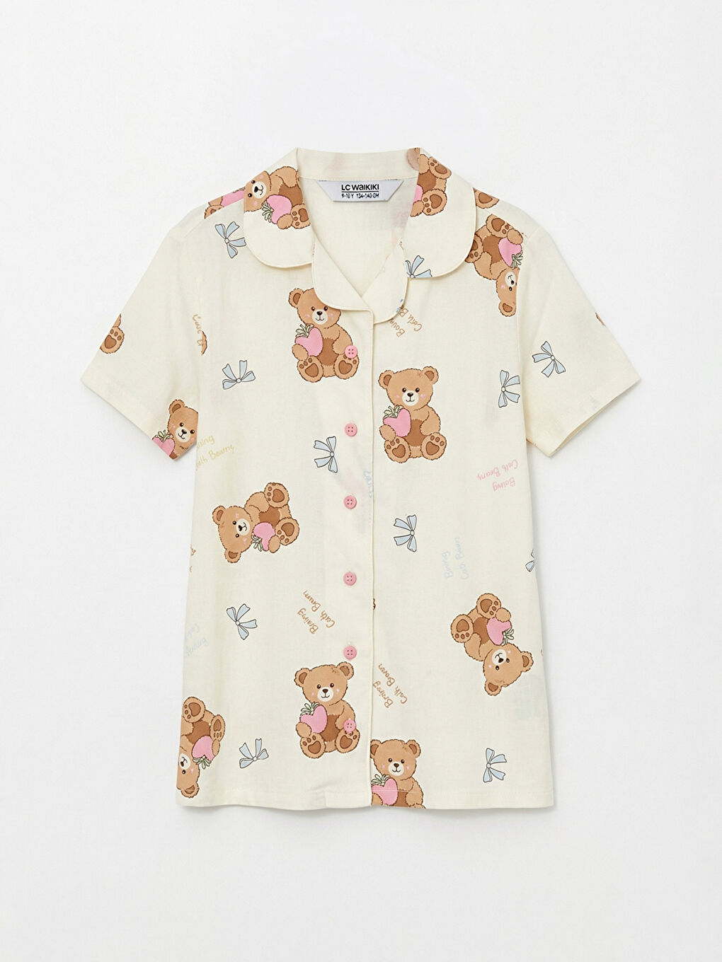 Ekru Gömlek Yaka Baskılı Kız Çocuk Şortlu Pijama Takım-1