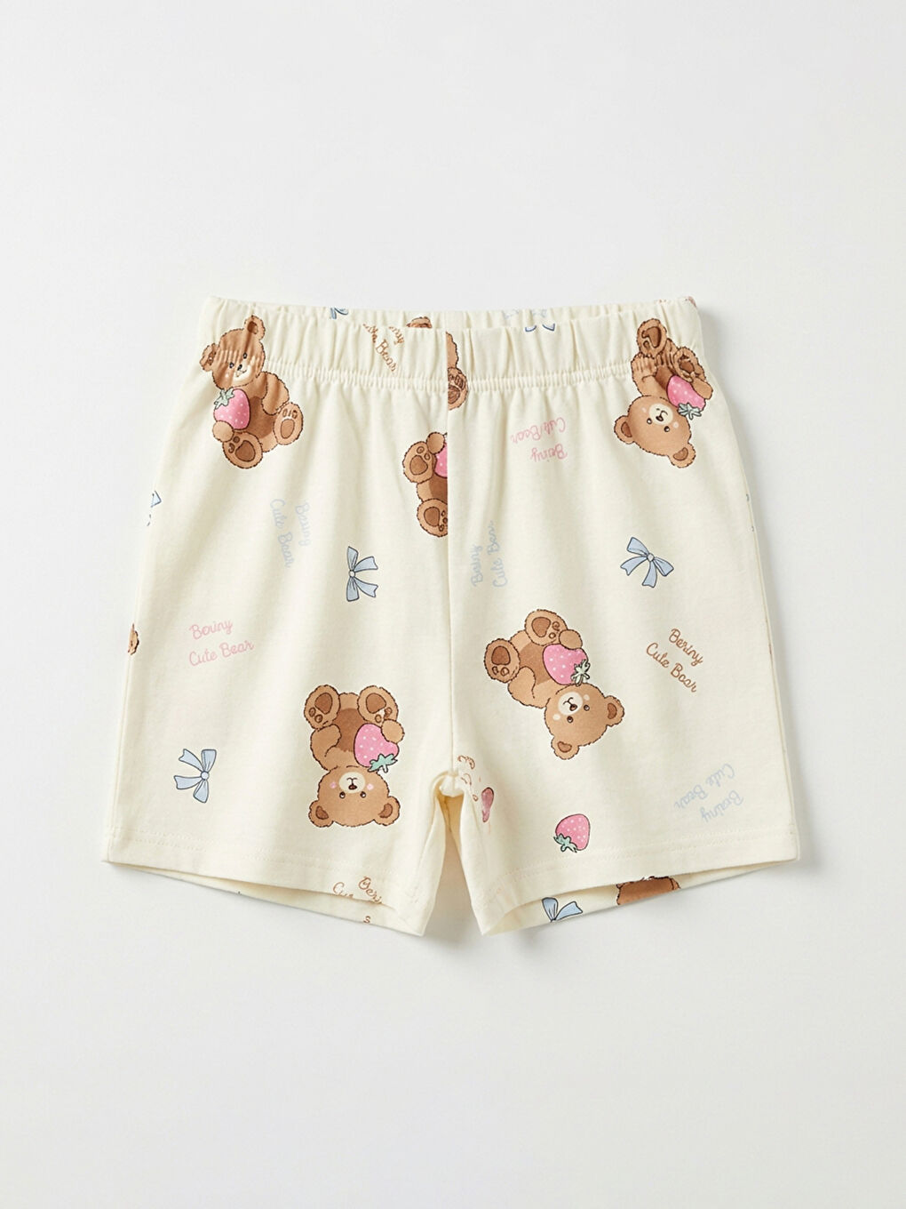 Ekru Gömlek Yaka Baskılı Kız Çocuk Şortlu Pijama Takım-4