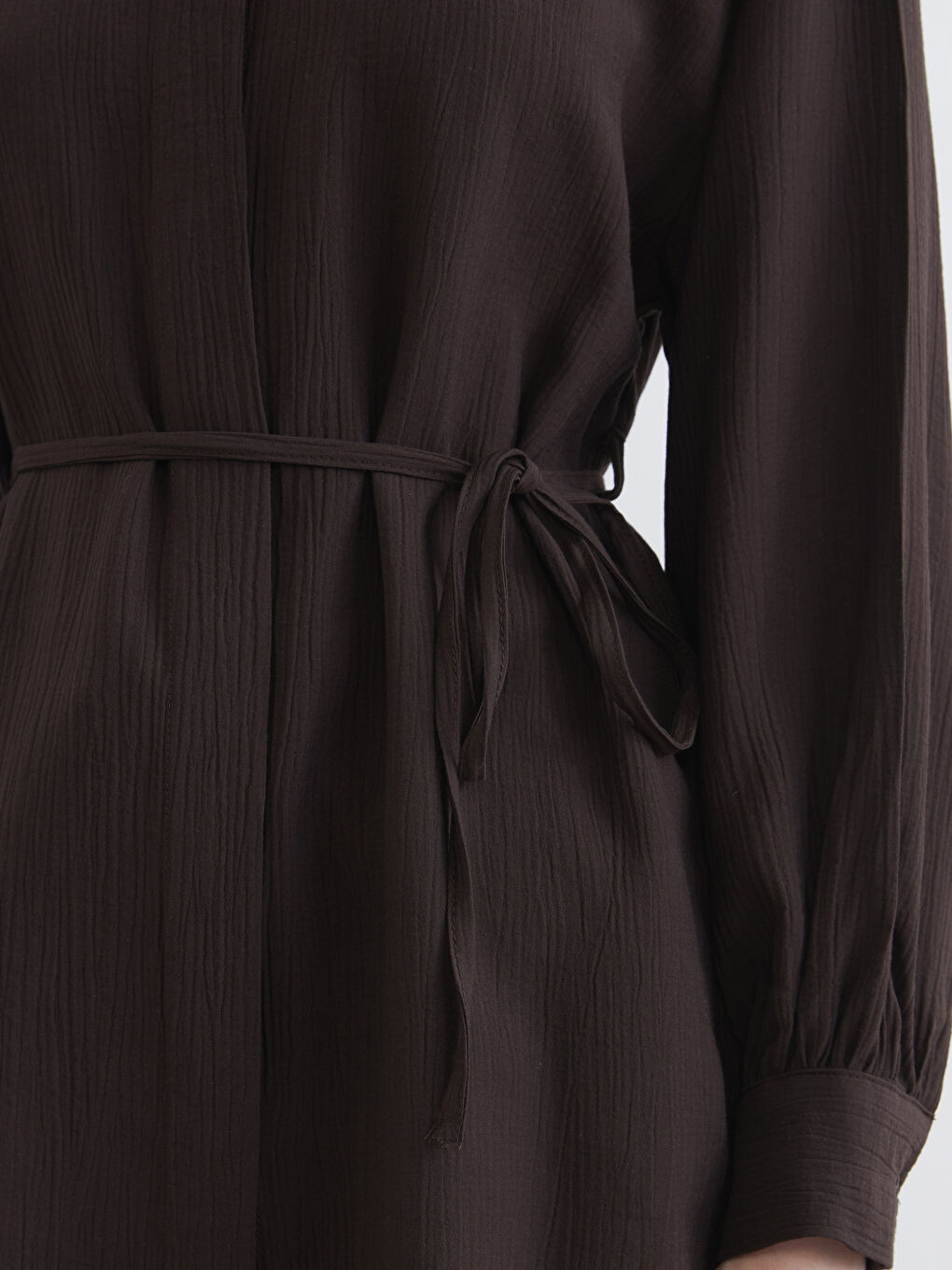 Kahverengi Beli Kuşaklı Dokulu Kadın Gömlek Tunik-2