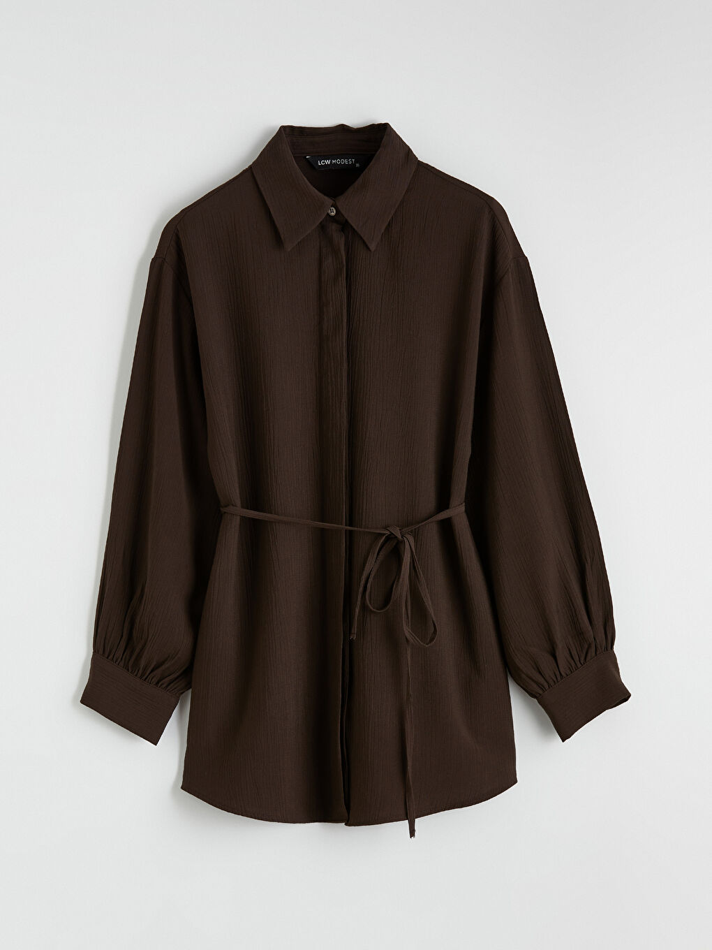 Kahverengi Beli Kuşaklı Dokulu Kadın Gömlek Tunik-4