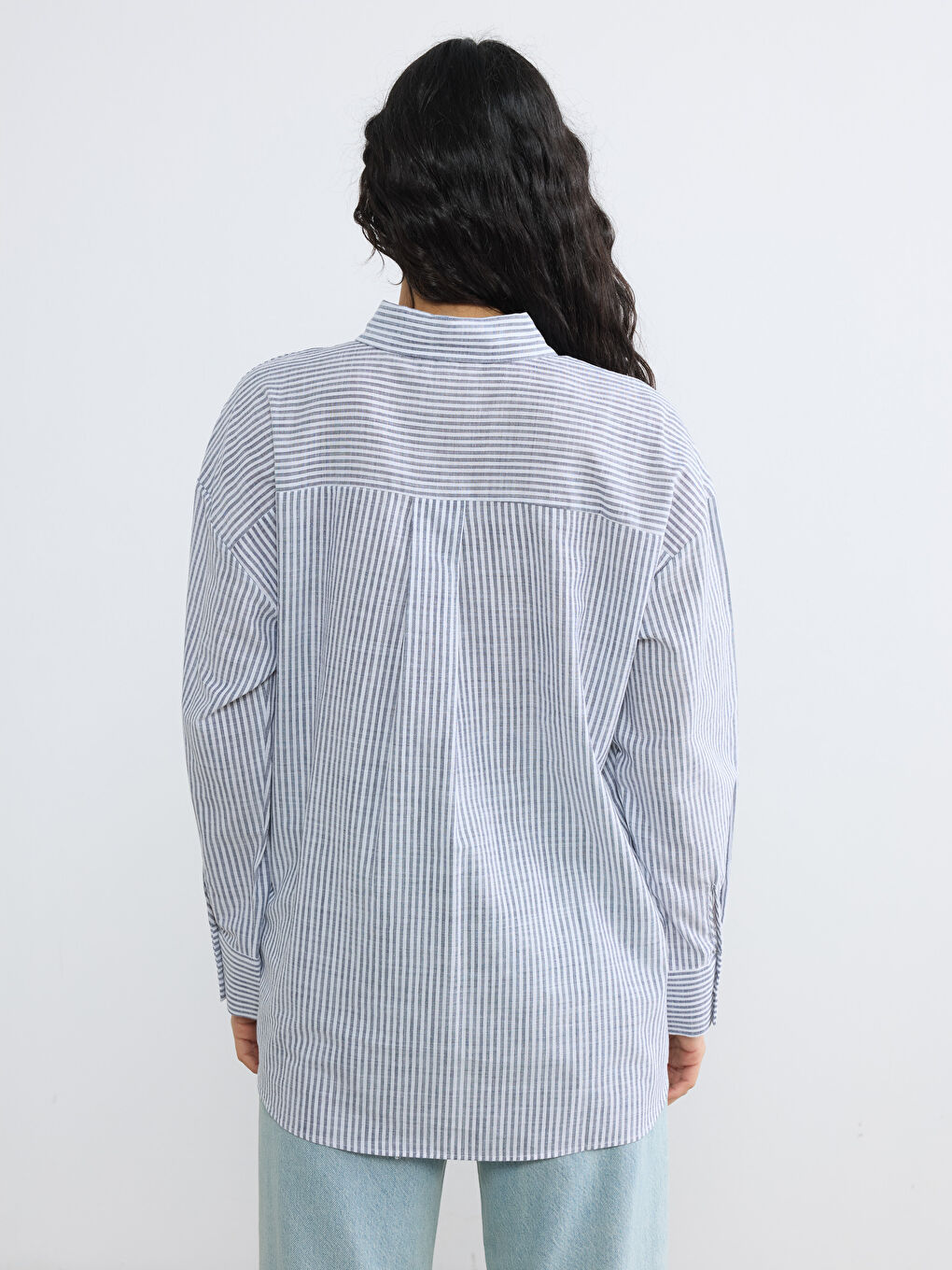 Lacivert Çizgili Poplin Kadın Gömlek Tunik-3