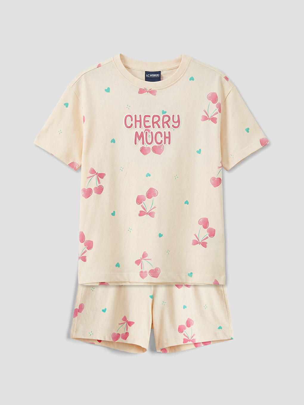 Bej Baskılı Kız Çocuk Şortlu Pijama Takımı