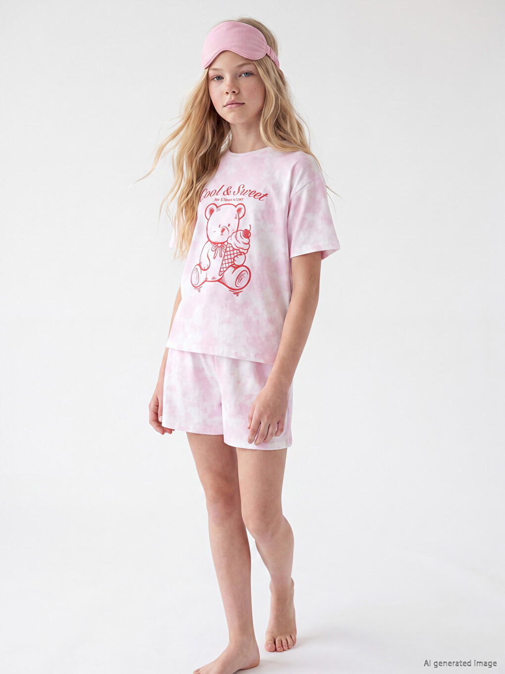 Crew Neck Printed Girls' Shortie Pyjama Set-1