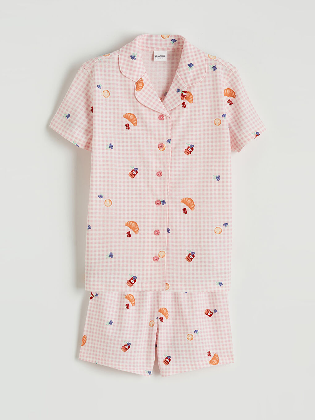 Ekru Gömlek Yaka Desenli Kız Çocuk Şortlu Pijama Takımı