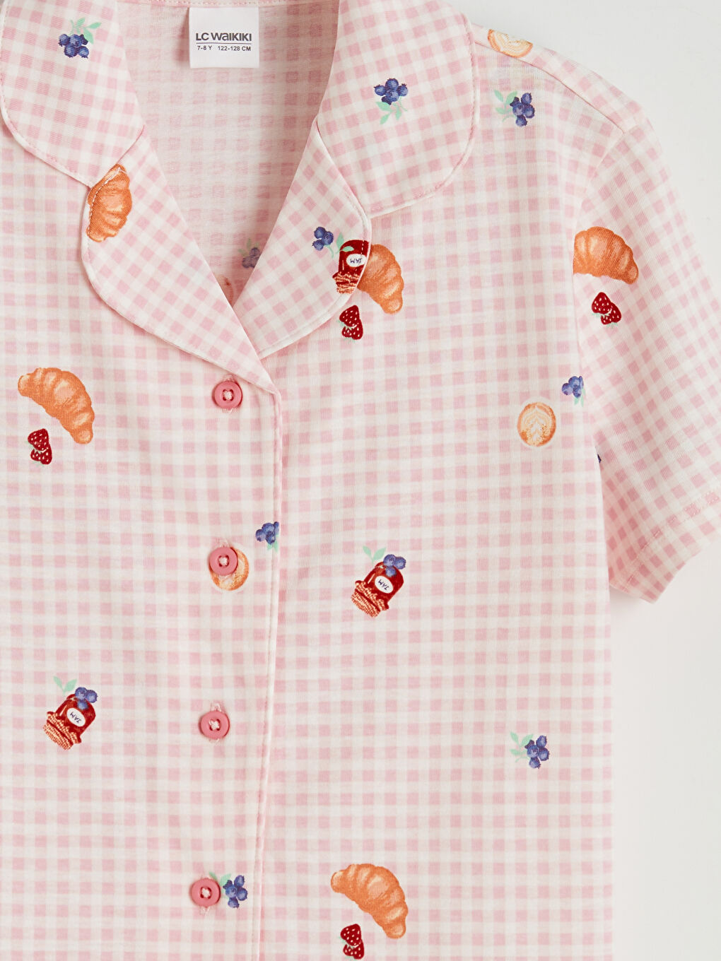 Ekru Gömlek Yaka Desenli Kız Çocuk Şortlu Pijama Takımı-5