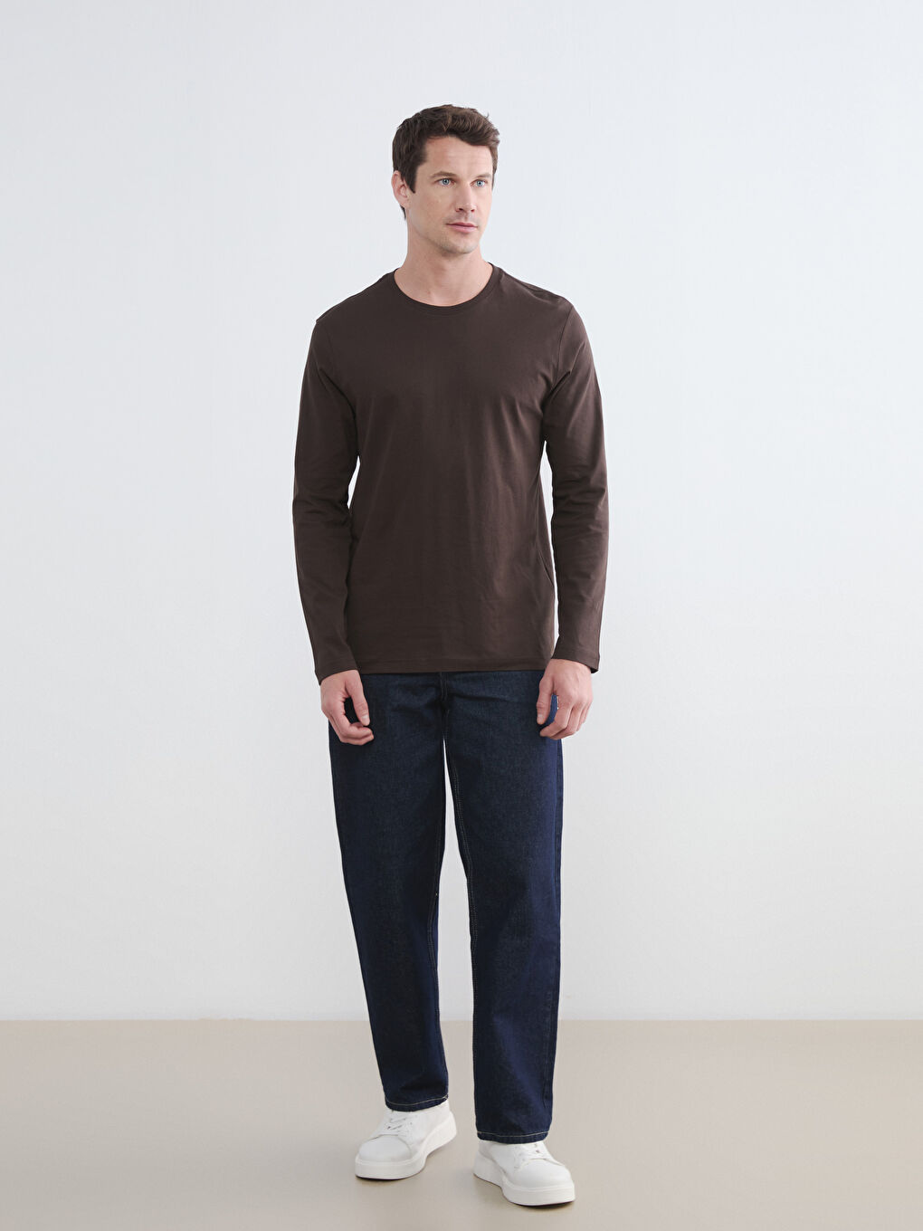 Kahverengi Bisiklet Yaka Uzun Kollu Erkek Tişört-1