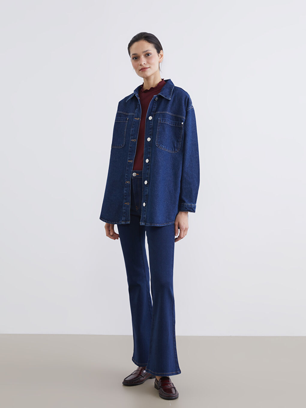 İndigo Gömlek Yaka Kadın Jean Ceket-1