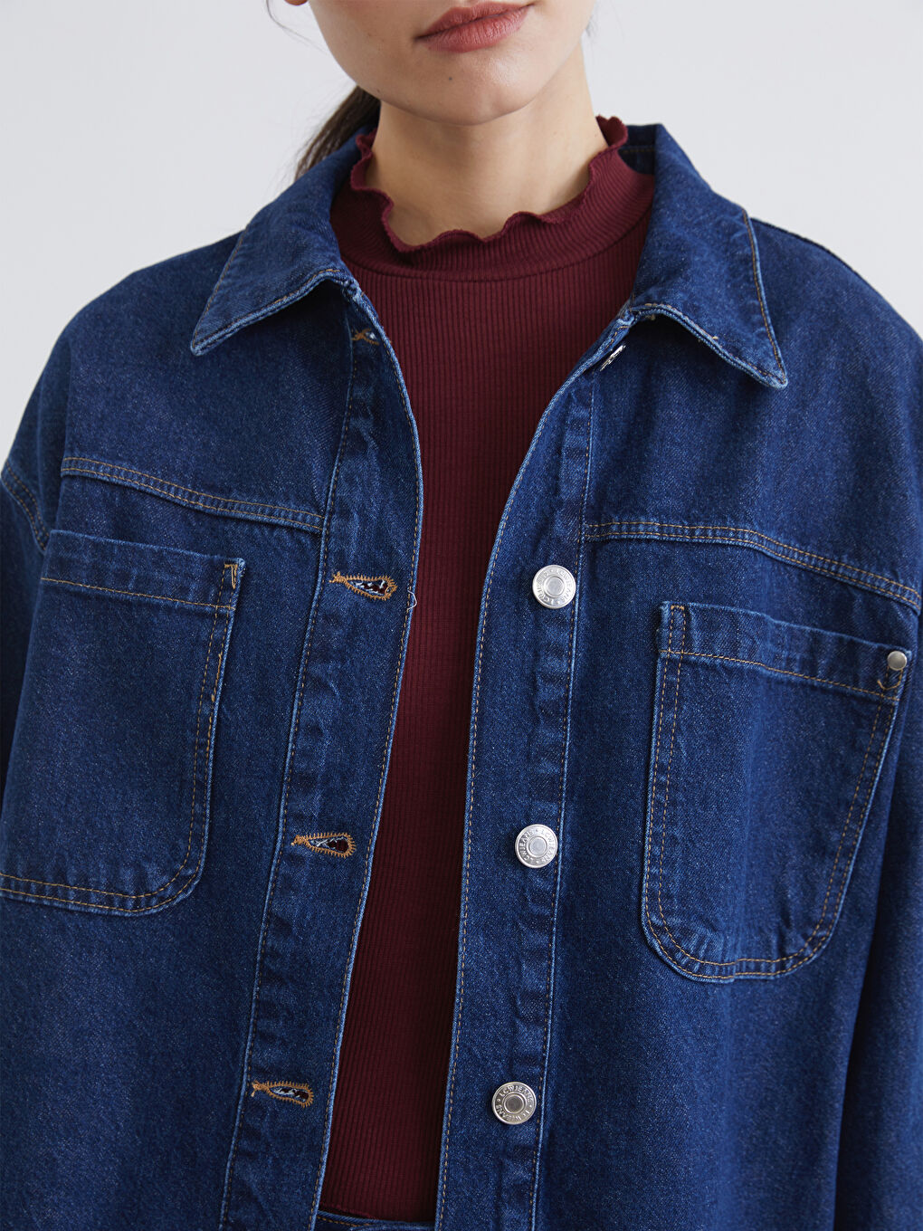 İndigo Gömlek Yaka Kadın Jean Ceket-2