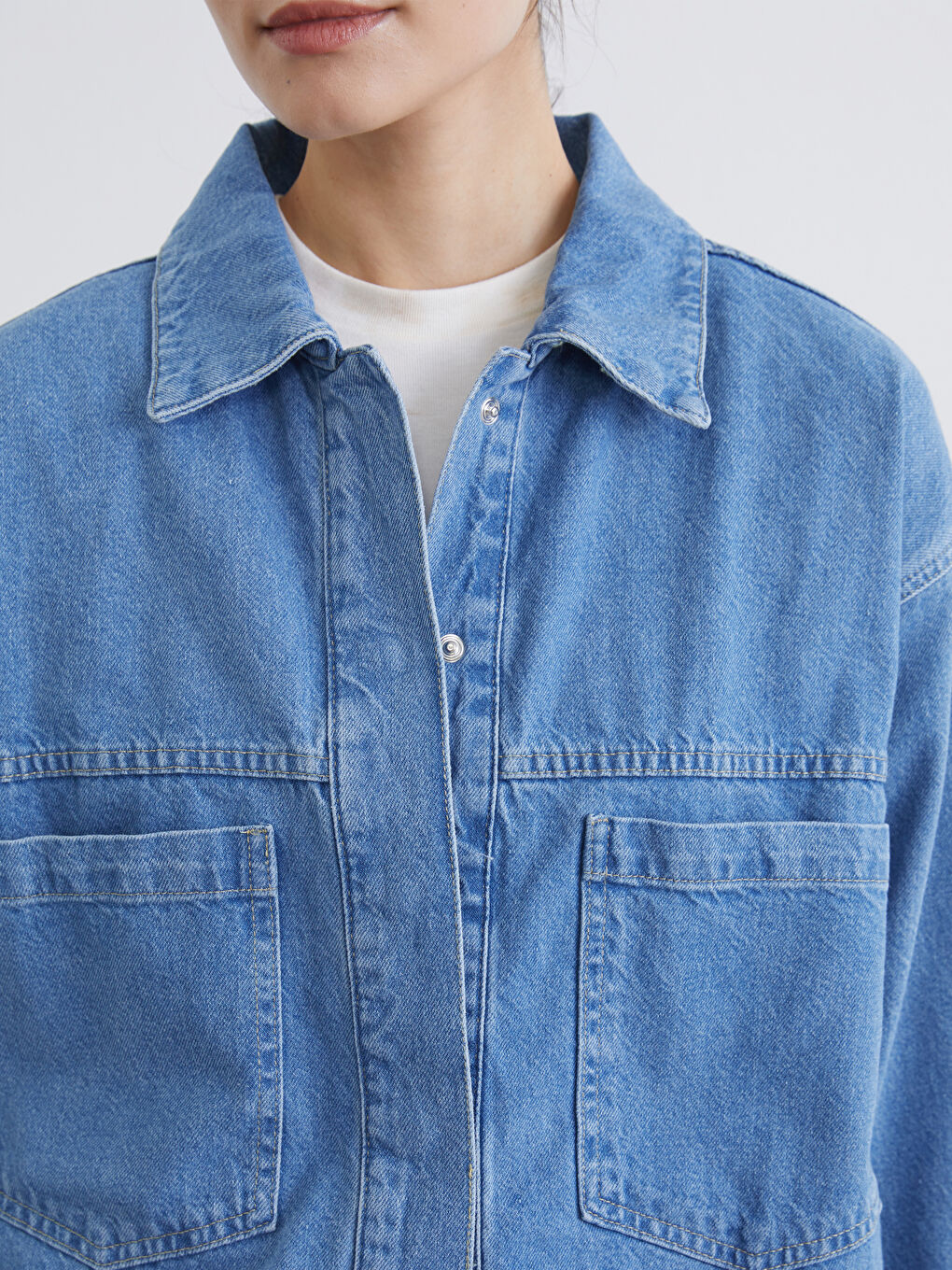 İndigo Gömlek Yaka Kadın Jean Ceket-2