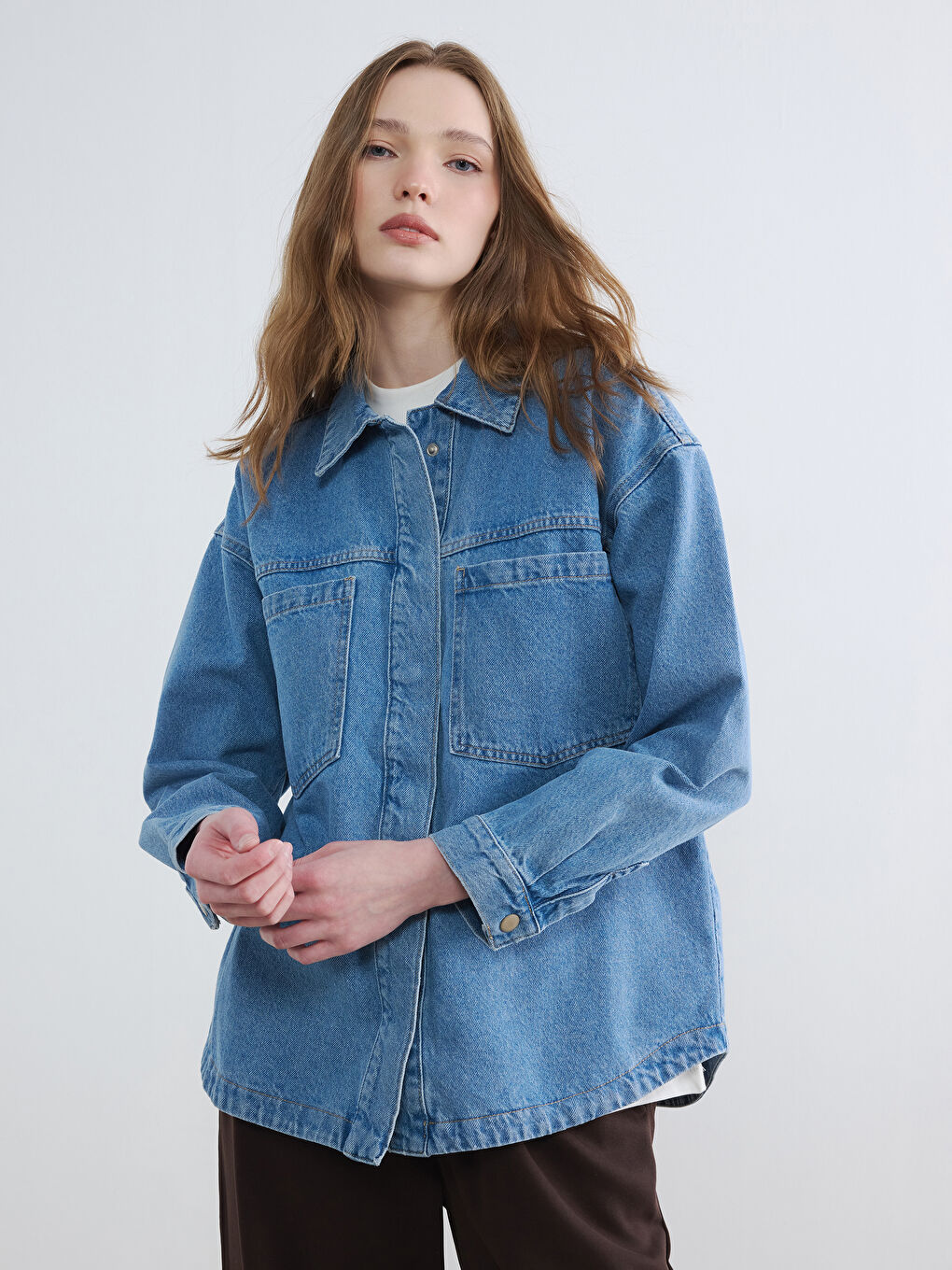 İndigo Gömlek Yaka Kadın Jean Ceket