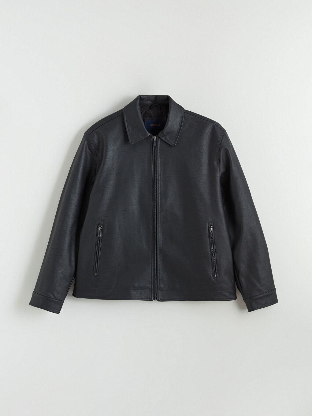 Siyah Standart Kalıp Erkek Deri Görünümlü Mont-5