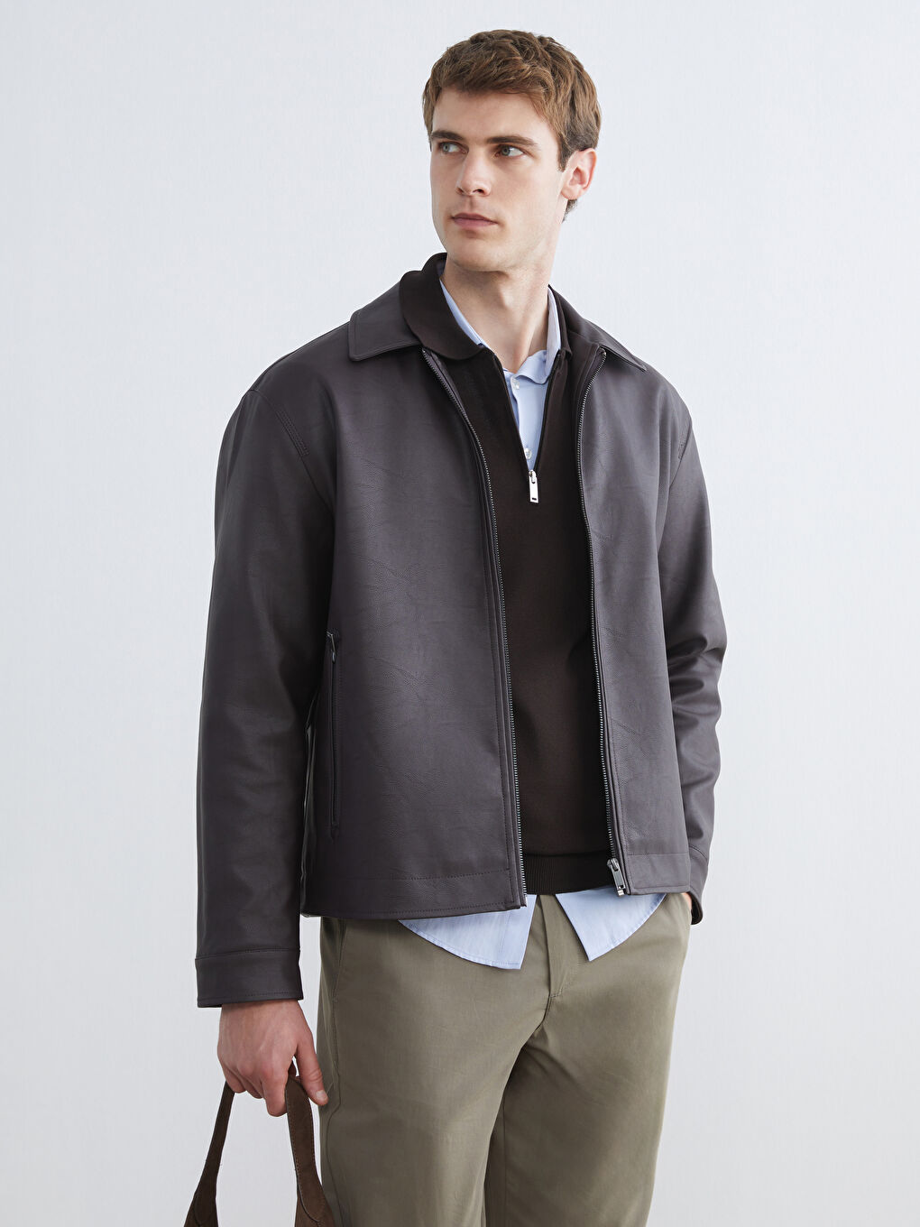 Kahverengi Standart Kalıp Erkek Deri Görünümlü Mont