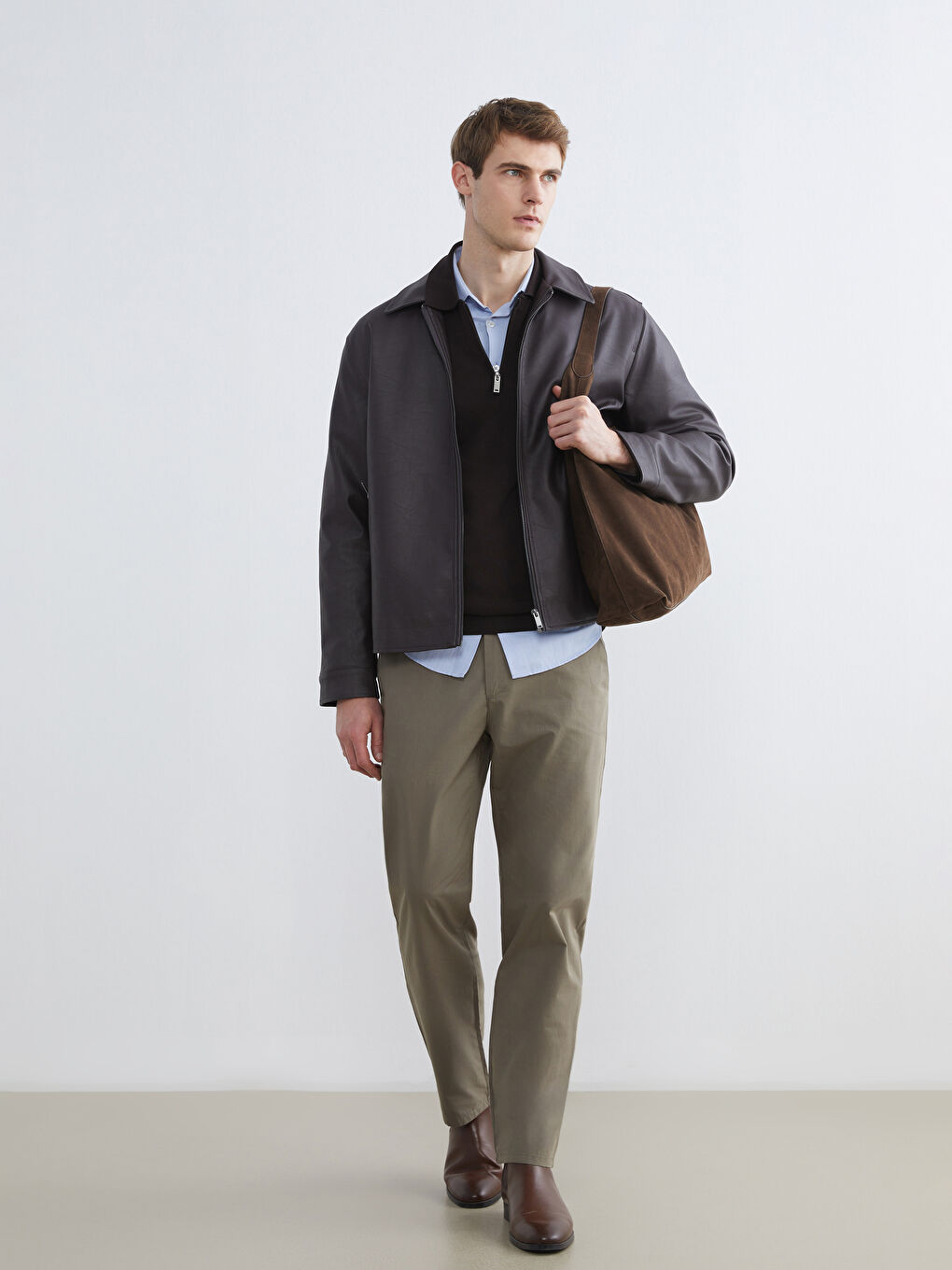 Kahverengi Standart Kalıp Erkek Deri Görünümlü Mont-1