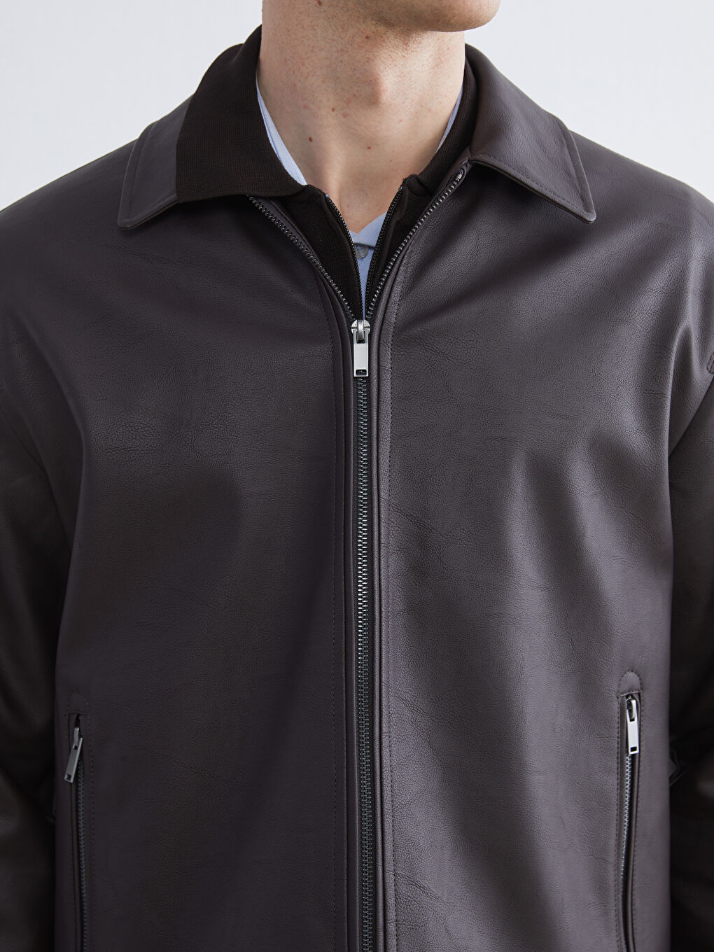 Kahverengi Standart Kalıp Erkek Deri Görünümlü Mont-2