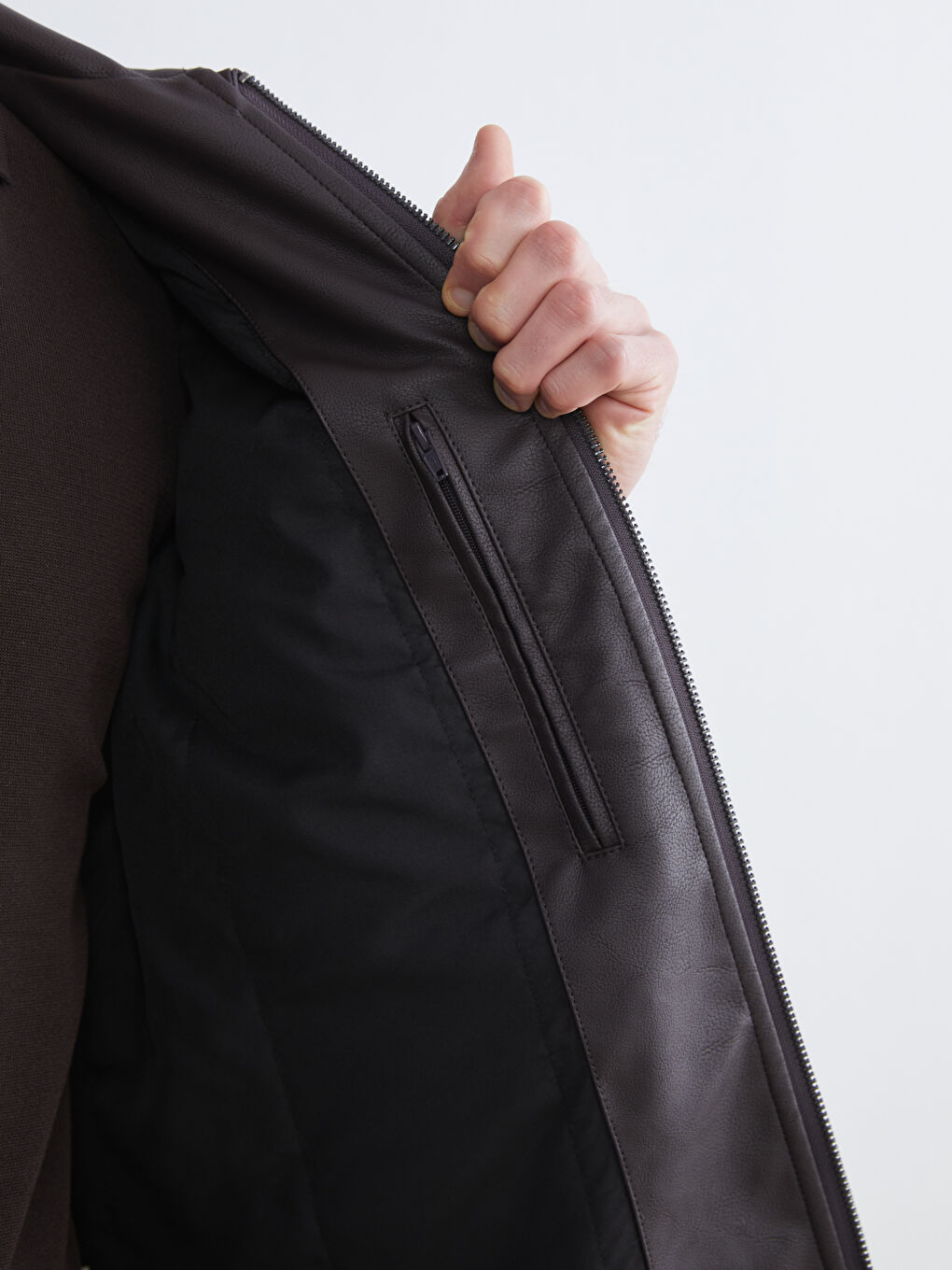 Kahverengi Standart Kalıp Erkek Deri Görünümlü Mont-3