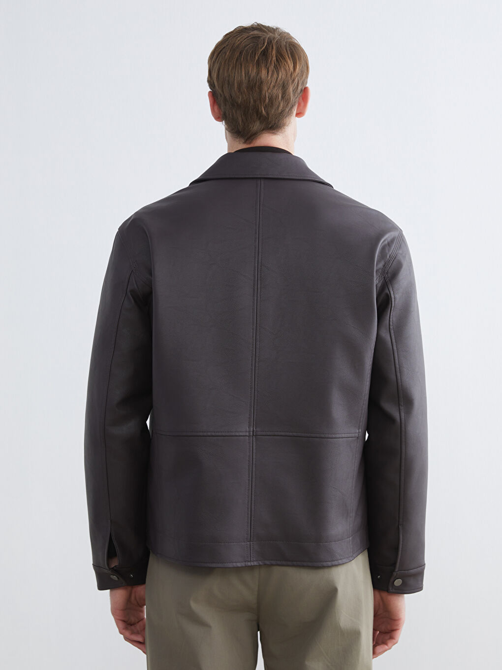 Kahverengi Standart Kalıp Erkek Deri Görünümlü Mont-4